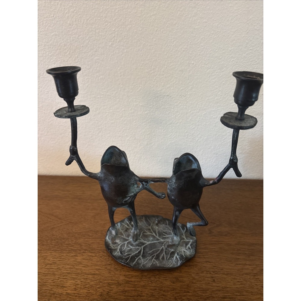 Vintage Brass Frog Candlestick Holder Dancing Frogs Double Candle Verdigris